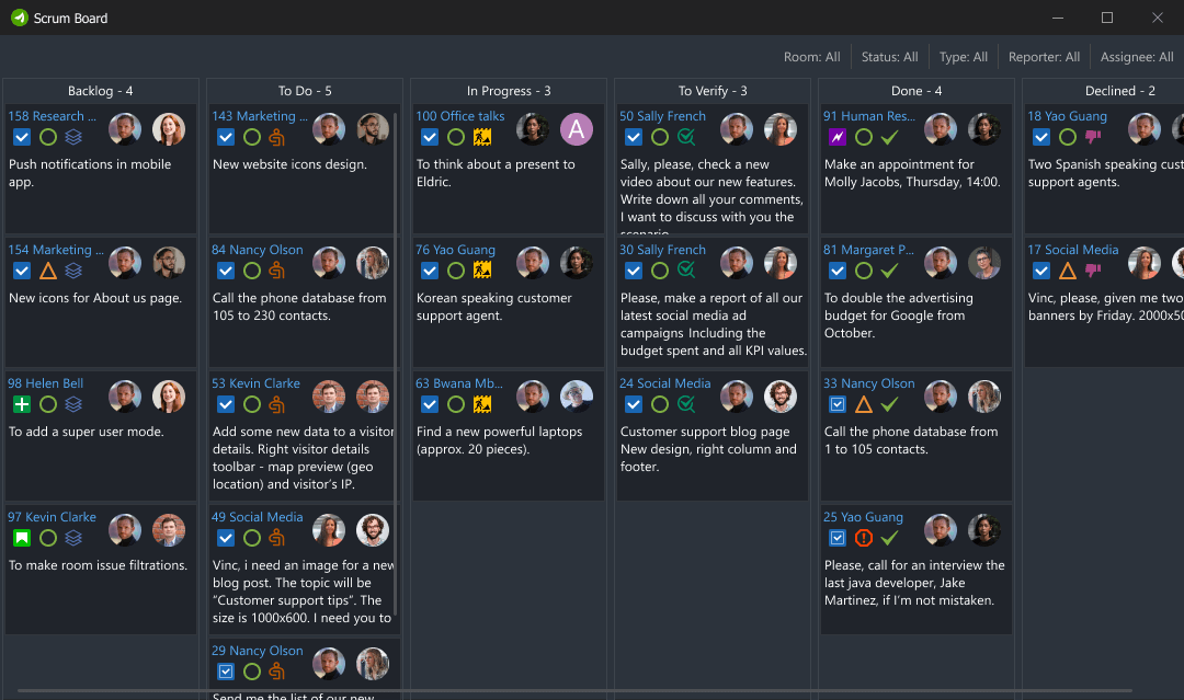 Scrum board in Virola messenger